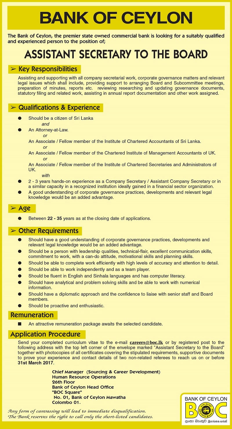 Assistant Secretary to the Board - Bank of Ceylon